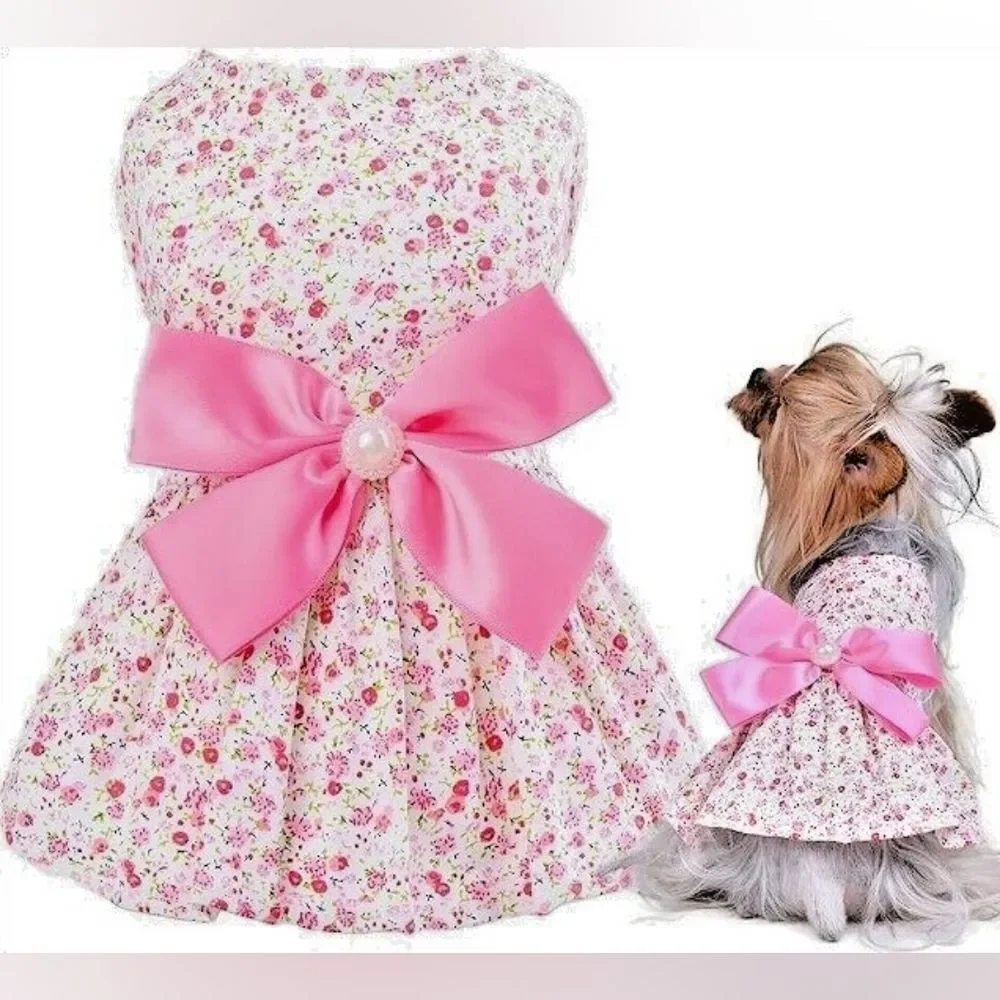 Xiharoom NWOT White Ditsy Floral Dog/Pet Dress with Pink Bow
